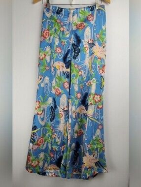 ZARA Satin Oriental Floral Bird Print Wide Leg Pants Medium